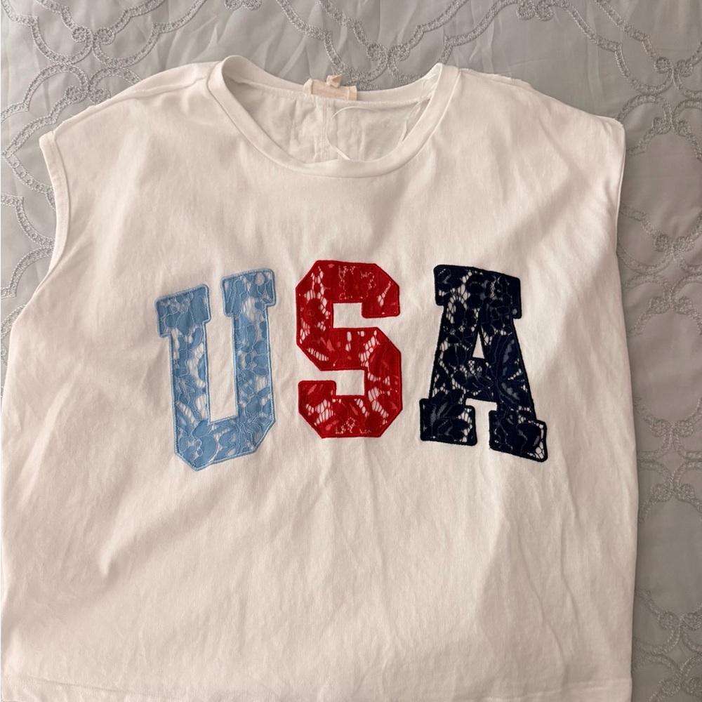 Peach Love California White Tank Top with USA Graphic in Light Blue, Red & Navy